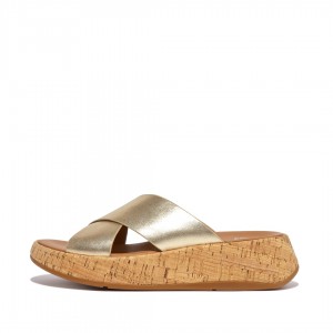 Gold Fitflop F-Mode Metallic Cross Slides Women's Slides | MY-NIPMSH126