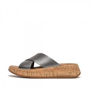 Silver Fitflop F-Mode Metallic Cross Slides Women's Slides | MY-PXARQZ672