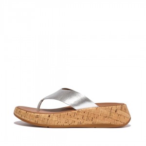 Silver Fitflop F-Mode Metallic & Cork Women's Sandals | MY-SAYENP769