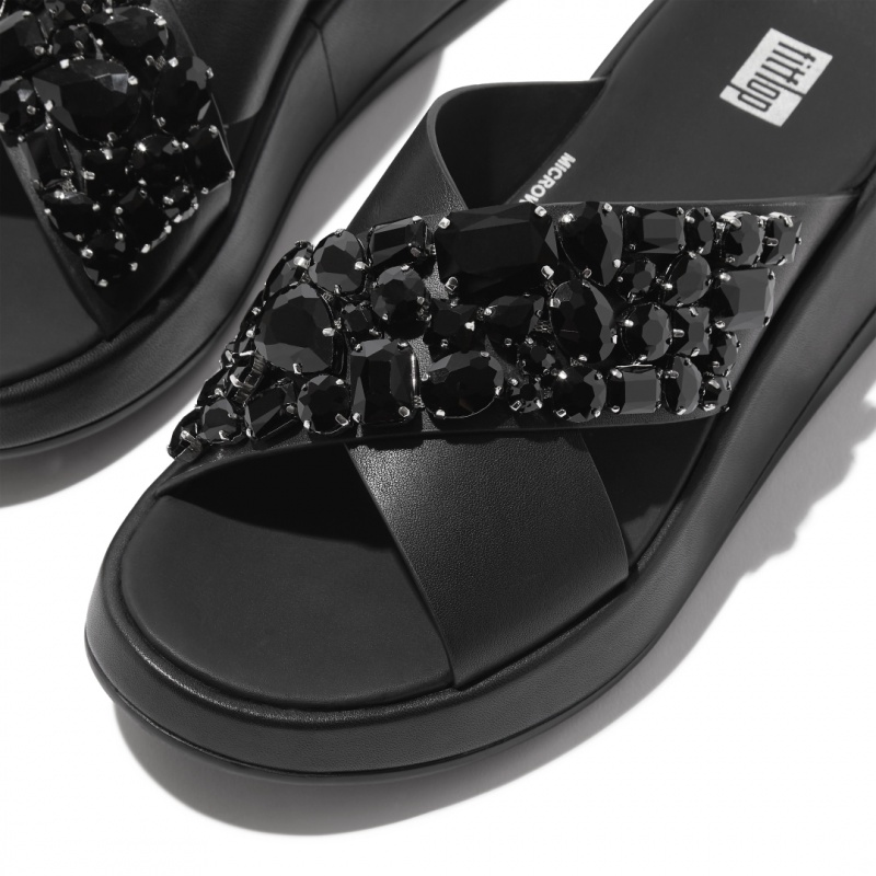 Black Fitflop F-Mode Leather Women's Slides | MY-FPZWHD843