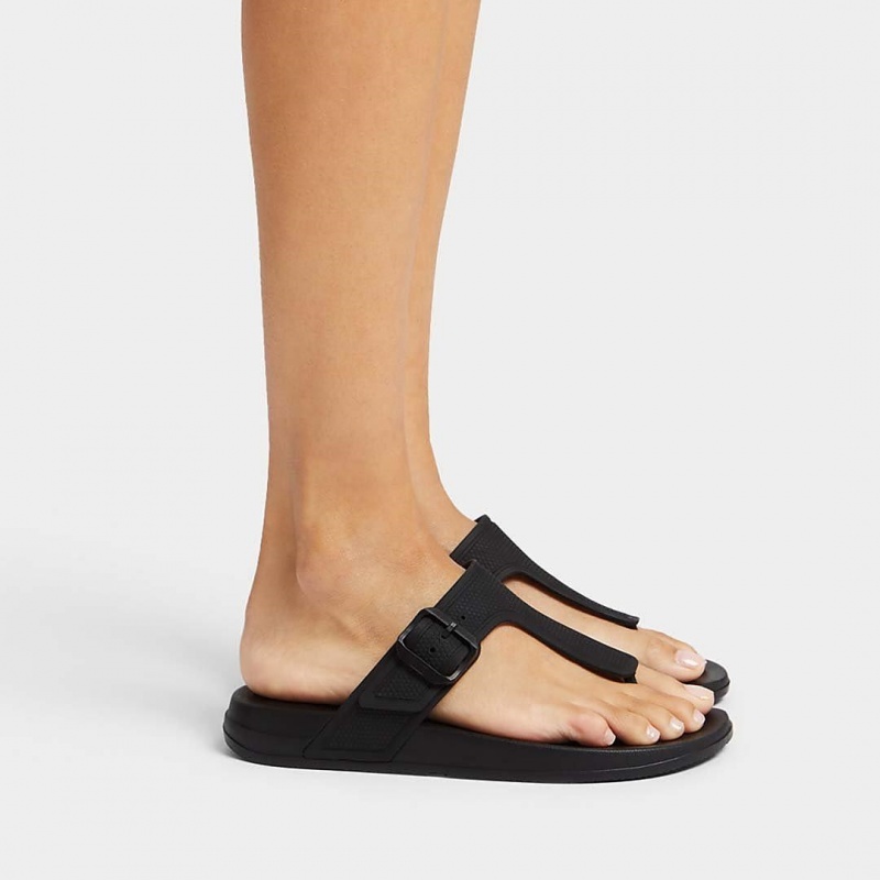 Black Fitflop Iqushion Adjustable Buckle Women's Flip Flops | MY-EYKBOW309