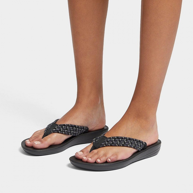 Black Fitflop Iqushion Cotton Webbing Flip Flops Women's Flip Flops | MY-BHFGAX326