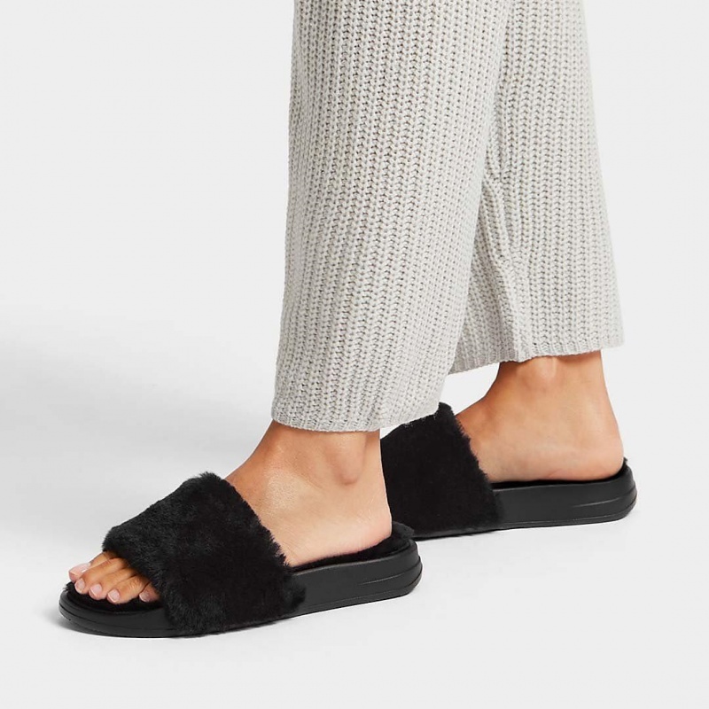 Black Fitflop Iqushion Shearling Slides Women's Slides | MY-VUXENZ968