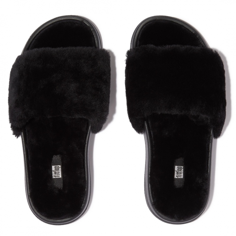 Black Fitflop Iqushion Shearling Slides Women's Slides | MY-VUXENZ968