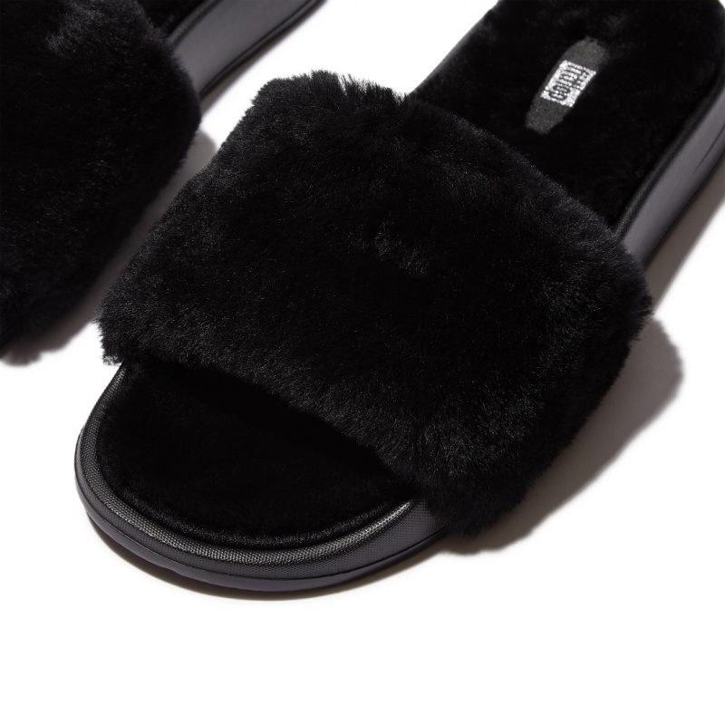 Black Fitflop Iqushion Shearling Slides Women's Slides | MY-VUXENZ968