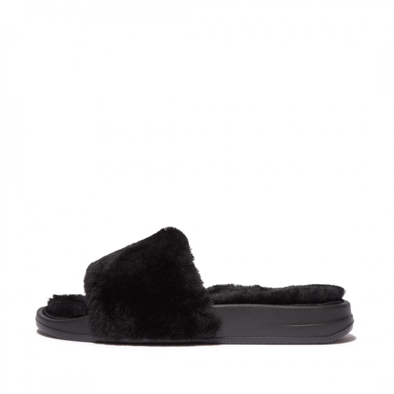 Black Fitflop Iqushion Shearling Slides Women\'s Slides | MY-VUXENZ968