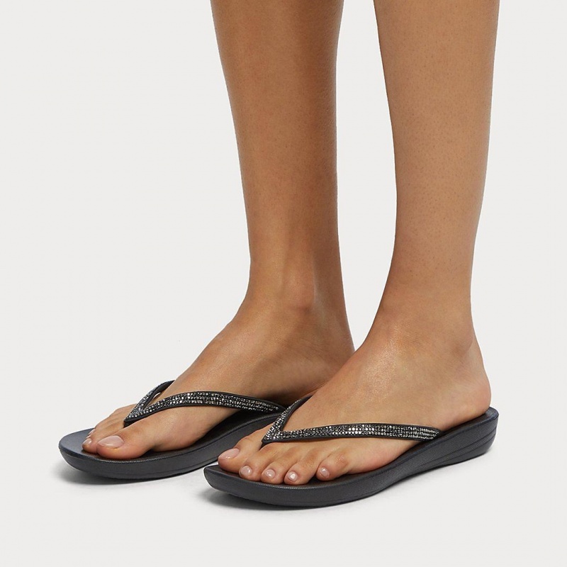 Black Fitflop Iqushion Sparkle Women's Flip Flops | MY-KQYMRZ385