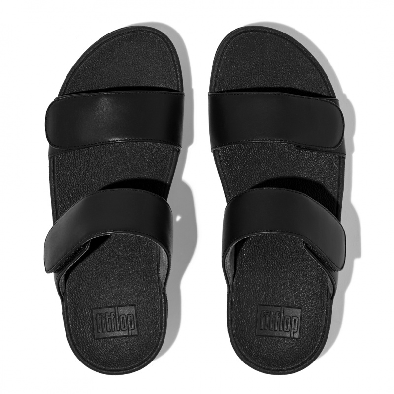 Black Fitflop Lulu Adjustable Metallic Leather Women's Slides | MY-ZSJQYL154