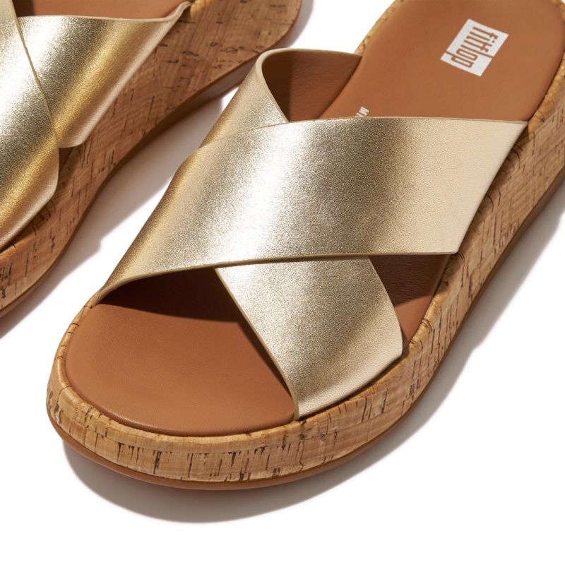 Gold Fitflop F-Mode Metallic Cross Slides Women's Slides | MY-SZMEFR084