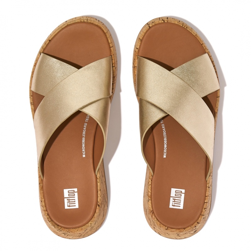 Gold Fitflop F-Mode Metallic Cross Slides Women's Slides | MY-SZMEFR084