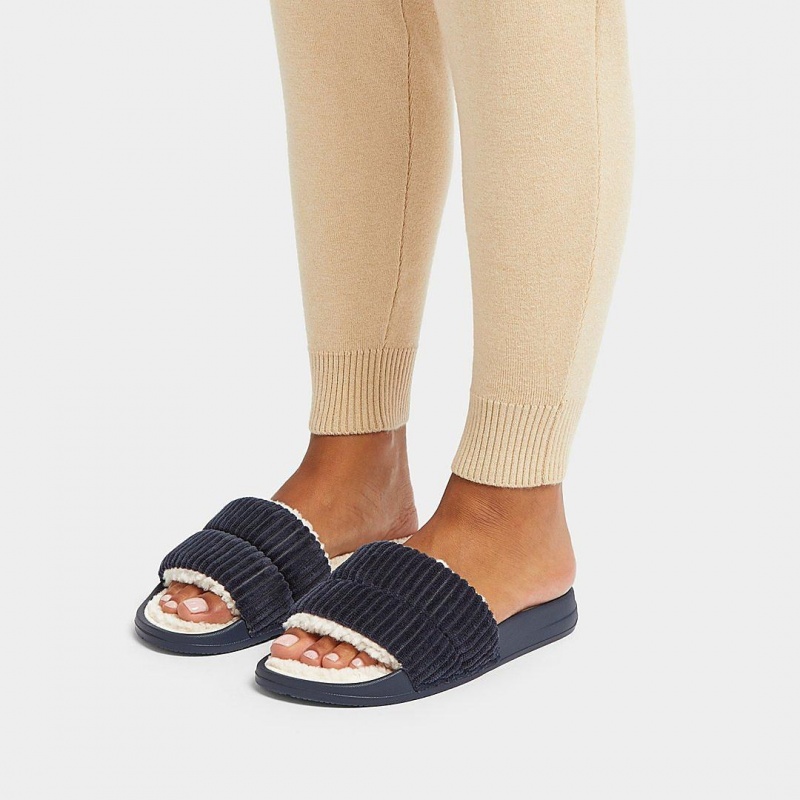 Navy Fitflop Iqushion Corduroy Polyester Slides Women's Slides | MY-QEADYO167