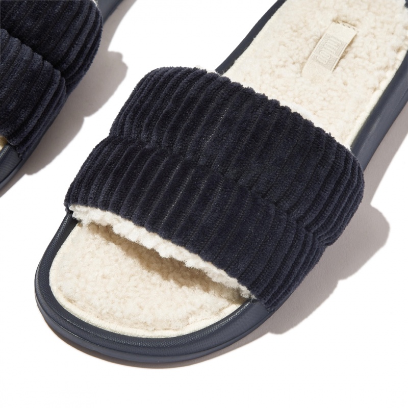 Navy Fitflop Iqushion Corduroy Polyester Slides Women's Slides | MY-QEADYO167