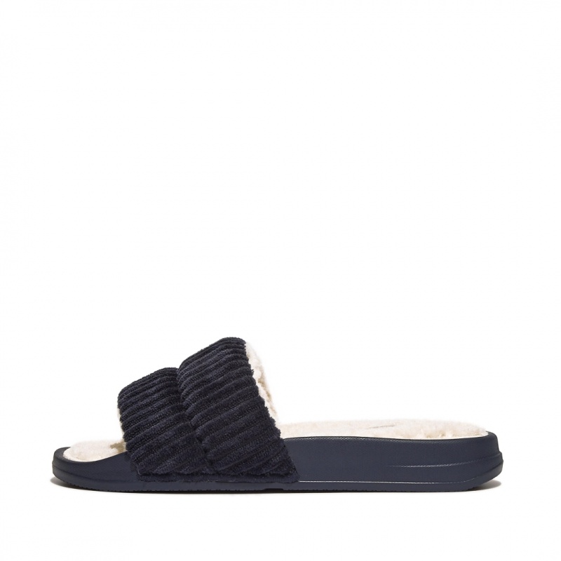 Navy Fitflop Iqushion Corduroy Polyester Slides Women\'s Slides | MY-QEADYO167