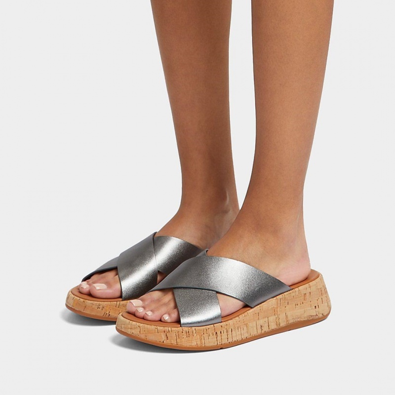 Silver Fitflop F-Mode Metallic Cross Slides Women's Slides | MY-PXARQZ672