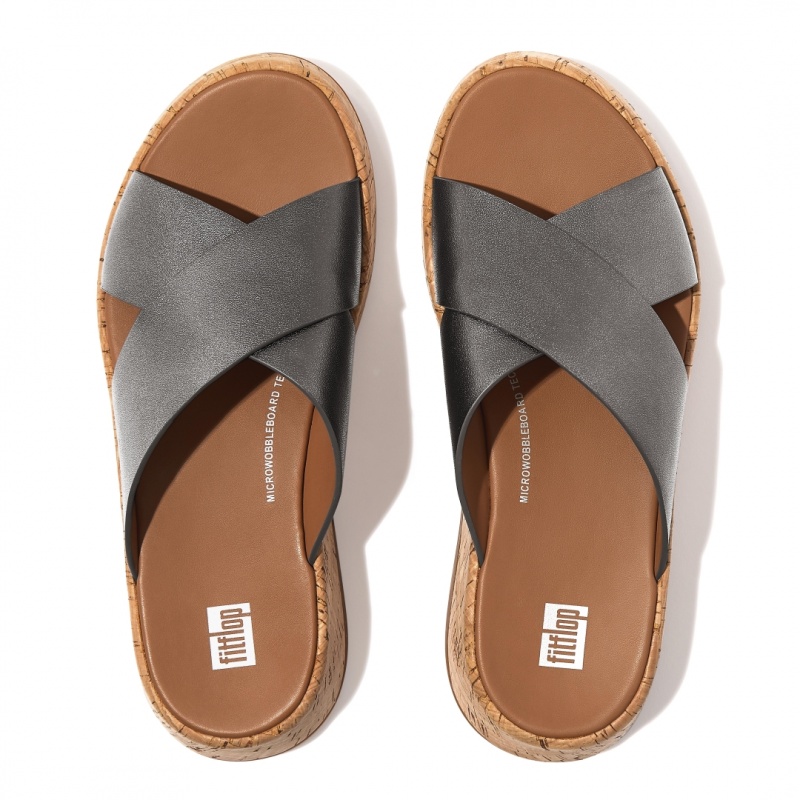 Silver Fitflop F-Mode Metallic Cross Slides Women's Slides | MY-PXARQZ672