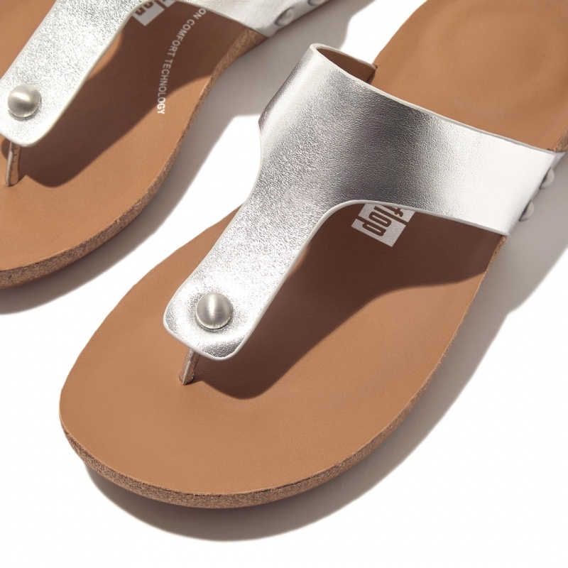 Silver Fitflop Iqushion Leather Thongs Women's Toe-Post Sandals | MY-WNDCUI907