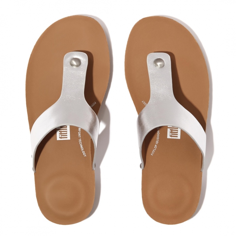 Silver Fitflop Iqushion Leather Thongs Women's Toe-Post Sandals | MY-WNDCUI907