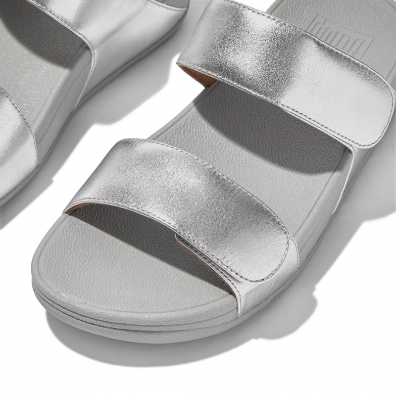 Silver Fitflop Lulu Adjustable Metallic Leather Women's Slides | MY-FOCNTU519