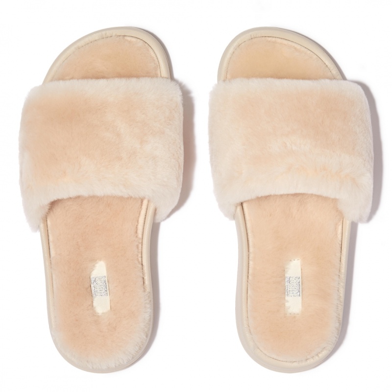 White Fitflop Iqushion Shearling Women's Slides | MY-OGTPZA137