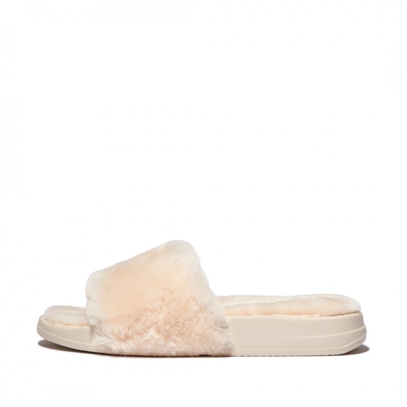 White Fitflop Iqushion Shearling Women\'s Slides | MY-OGTPZA137